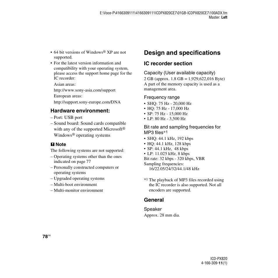 Design and specifications | Sony 4-166-309-11(1) User Manual | Page 78 / 96