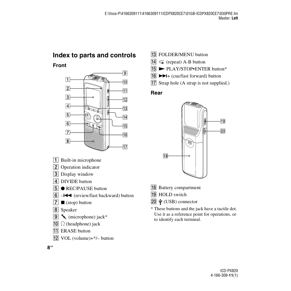 Index to parts and controls | Sony 4-166-309-11(1) User Manual | Page 8 / 96