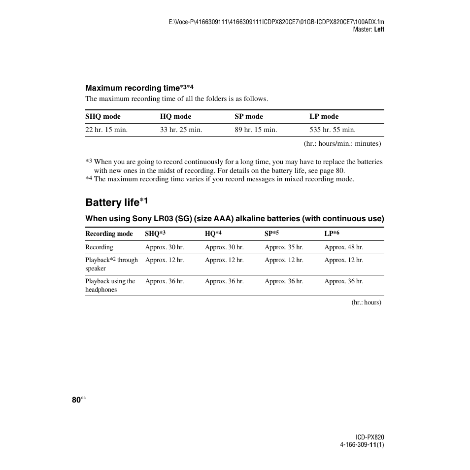 Battery life | Sony 4-166-309-11(1) User Manual | Page 80 / 96