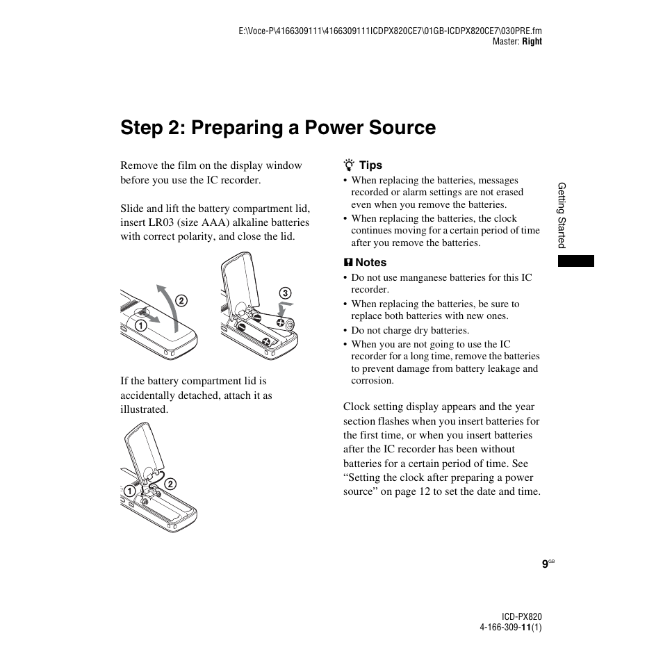 Step 2: preparing a power source | Sony 4-166-309-11(1) User Manual | Page 9 / 96