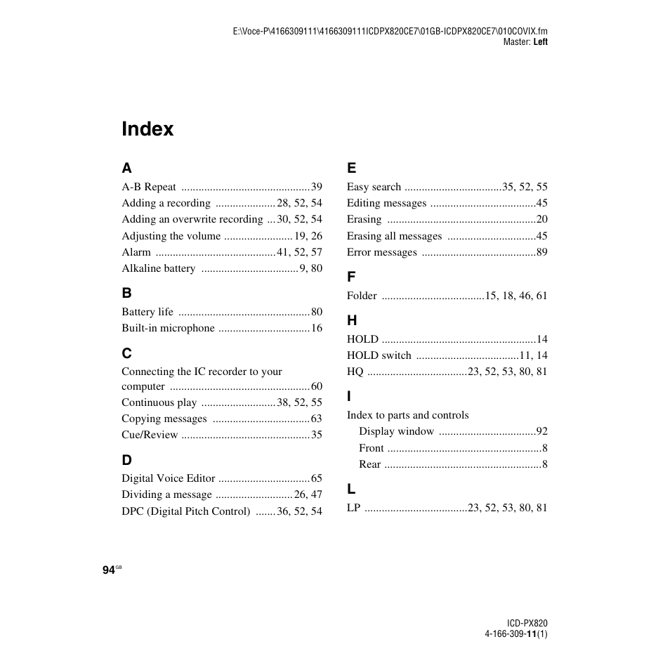 Index | Sony 4-166-309-11(1) User Manual | Page 94 / 96