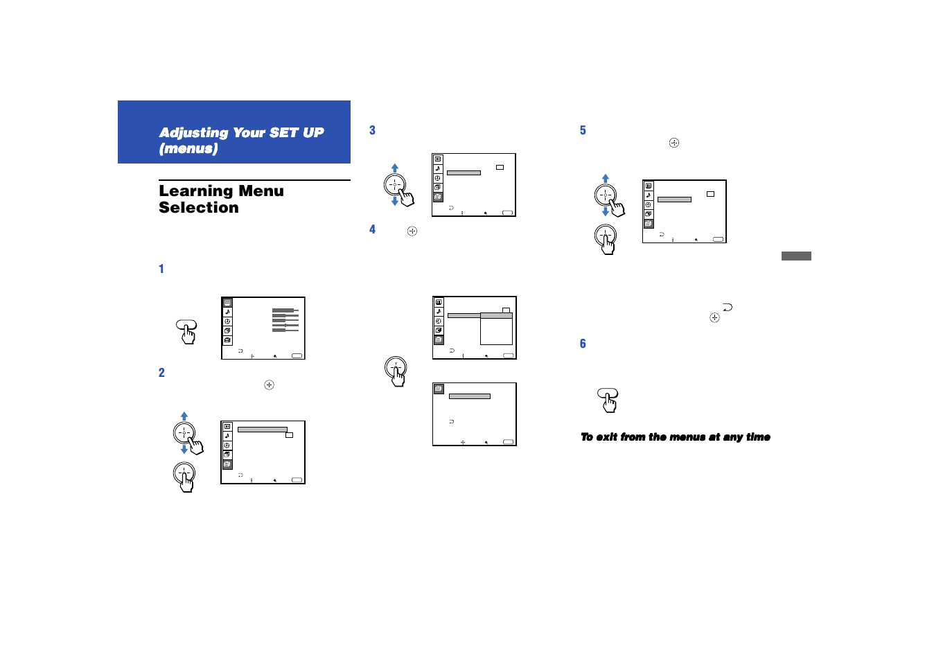Adjusting your set up (menus), Learning menu selection, Djjjju | Tiiiing, Ng y, Menu, Enus, S)))) | Sony KP 53HS10 User Manual | Page 37 / 66