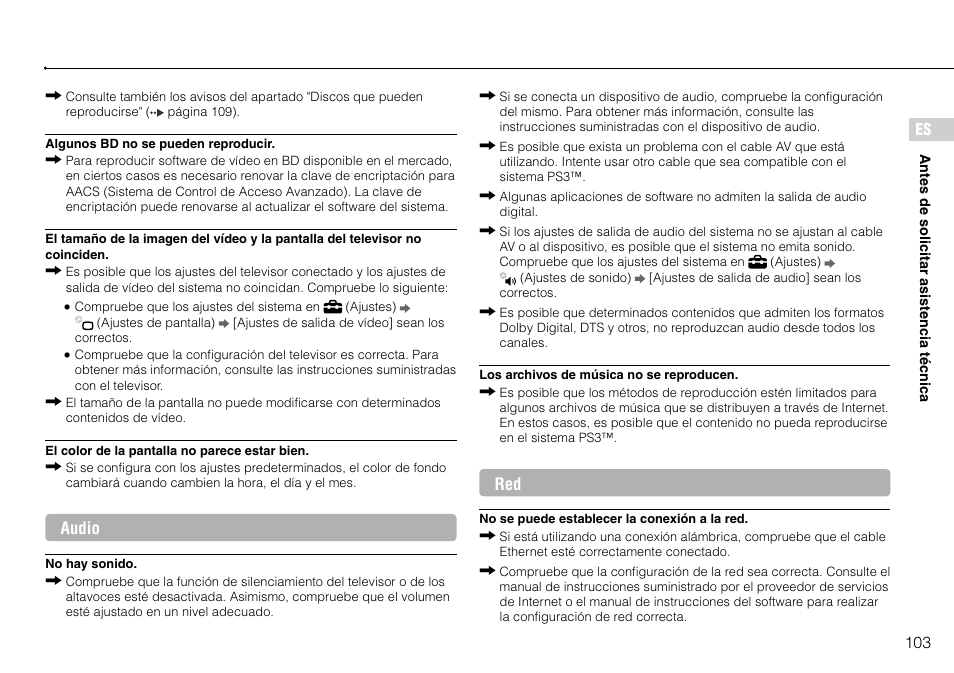 103 es, Audio | Sony 120GB Playstation 3 CECH-2001B User Manual | Page 103 / 120