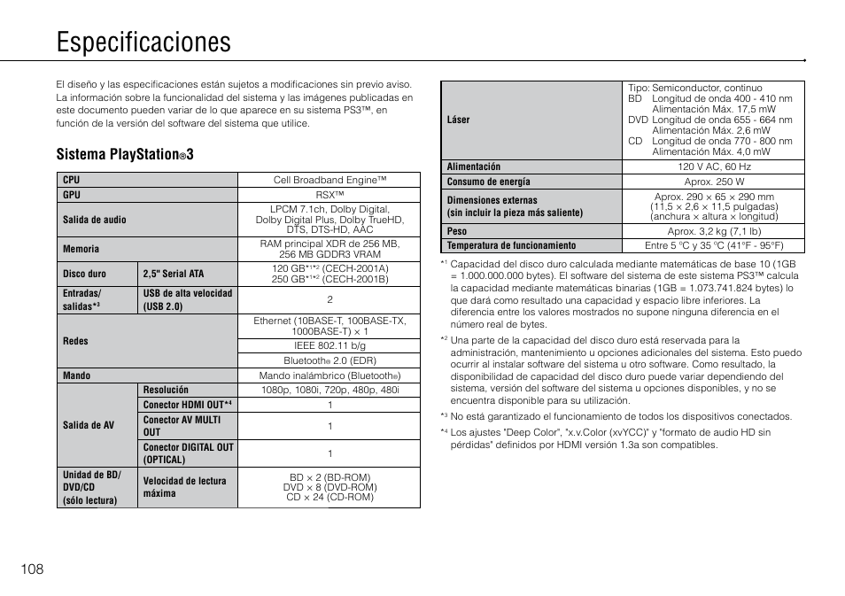 Especificaciones, Sistema playstation | Sony 120GB Playstation 3 CECH-2001B User Manual | Page 108 / 120