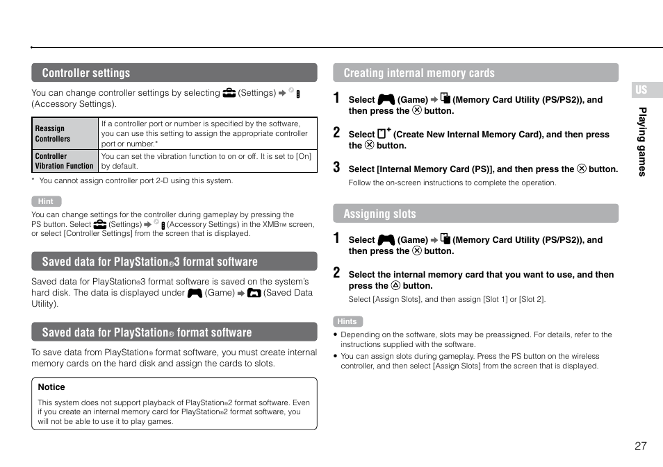 Controller settings, Saved data for playstation, 3 format software | Format software, Us controller settings, Assigning slots | Sony 120GB Playstation 3 CECH-2001B User Manual | Page 27 / 120