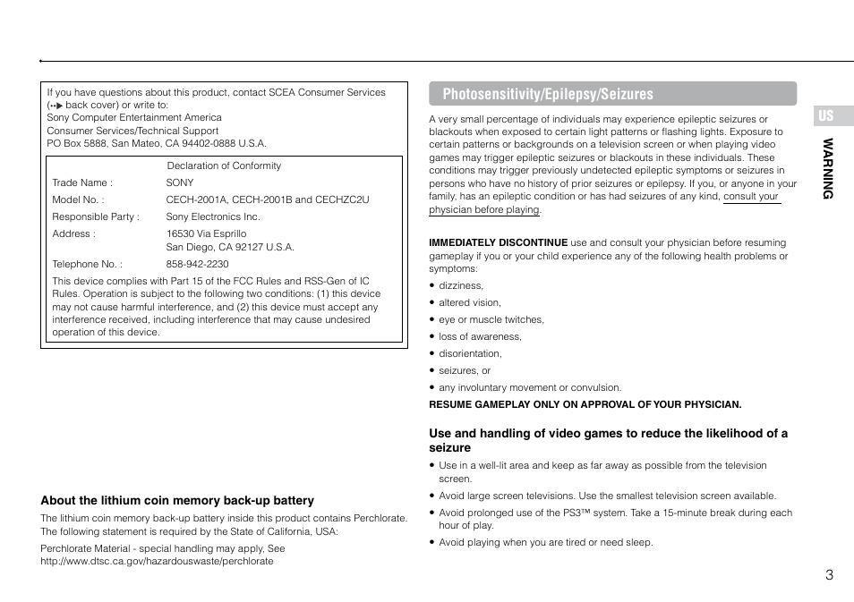 Photosensitivity/epilepsy/seizures | Sony 120GB Playstation 3 CECH-2001B User Manual | Page 3 / 120