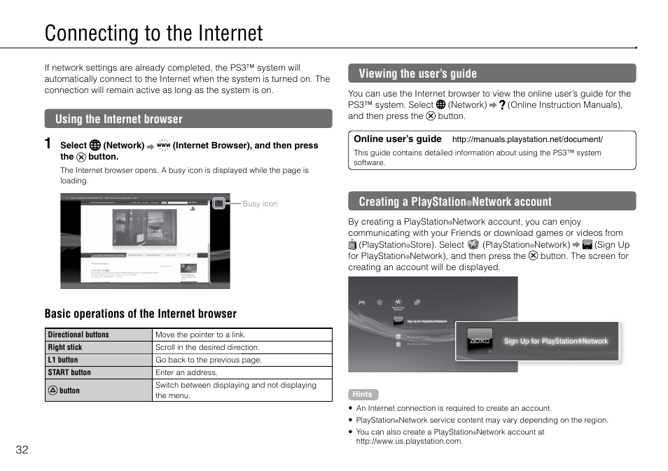 Connecting to the internet, Using the internet browser, Viewing the user’s guide | Creating a playstation, Network account, Basic operations of the internet browser | Sony 120GB Playstation 3 CECH-2001B User Manual | Page 32 / 120