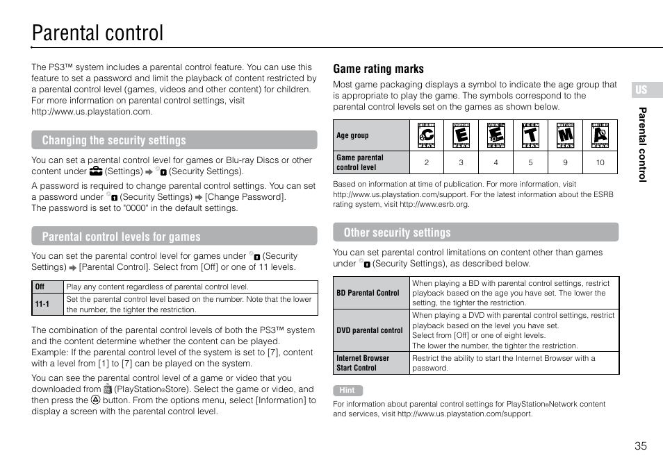 Parental control, 5 us, Changing the security settings | Parental control levels for games, Game rating marks, Other security settings | Sony 120GB Playstation 3 CECH-2001B User Manual | Page 35 / 120