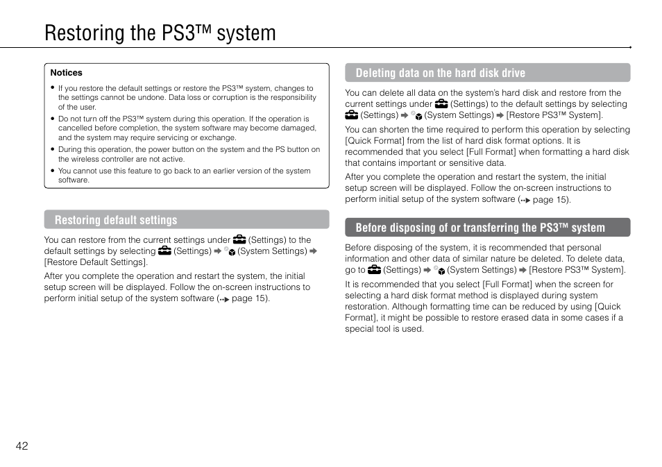 Restoring the ps3™ system | Sony 120GB Playstation 3 CECH-2001B User Manual | Page 42 / 120