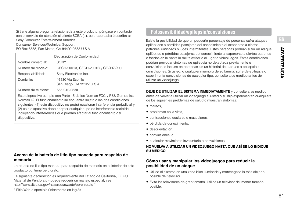 61 es, Fotosensibilidad/epilepsia/convulsiones | Sony 120GB Playstation 3 CECH-2001B User Manual | Page 61 / 120
