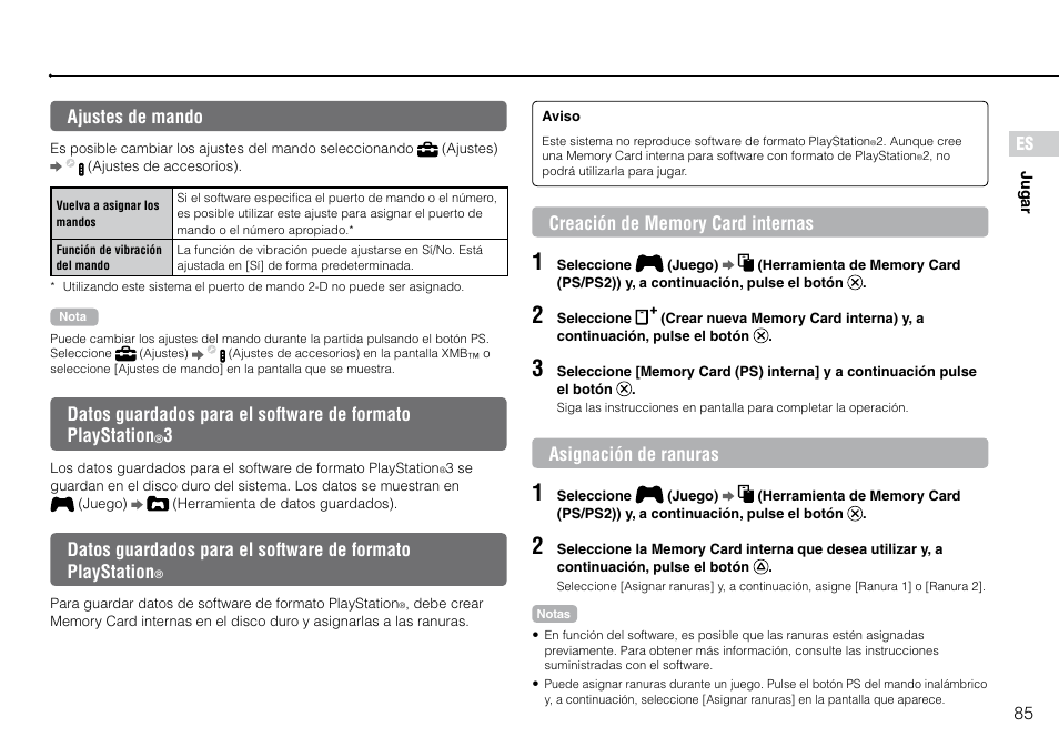 Ajustes.de.mando, 85 es, Ajustes de mando | Asignación de ranuras | Sony 120GB Playstation 3 CECH-2001B User Manual | Page 85 / 120