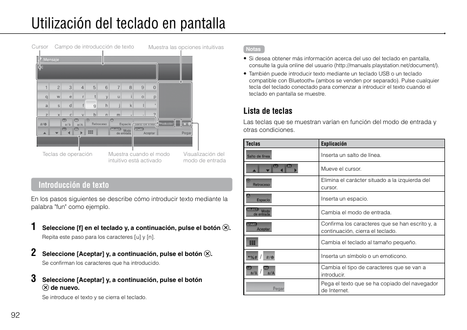 Utilización.del.teclado.en.pantalla, Utilización del teclado en pantalla, Introducción de texto | Lista de teclas | Sony 120GB Playstation 3 CECH-2001B User Manual | Page 92 / 120