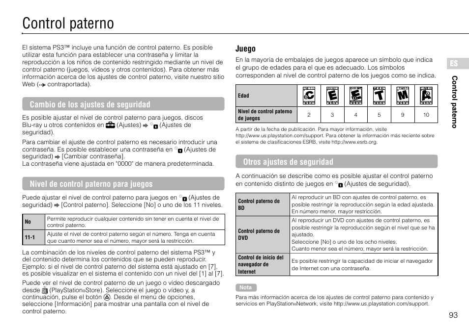 Control.paterno, Control paterno, 93 es | Cambio de los ajustes de seguridad, Nivel de control paterno para juegos, Juego, Otros ajustes de seguridad | Sony 120GB Playstation 3 CECH-2001B User Manual | Page 93 / 120