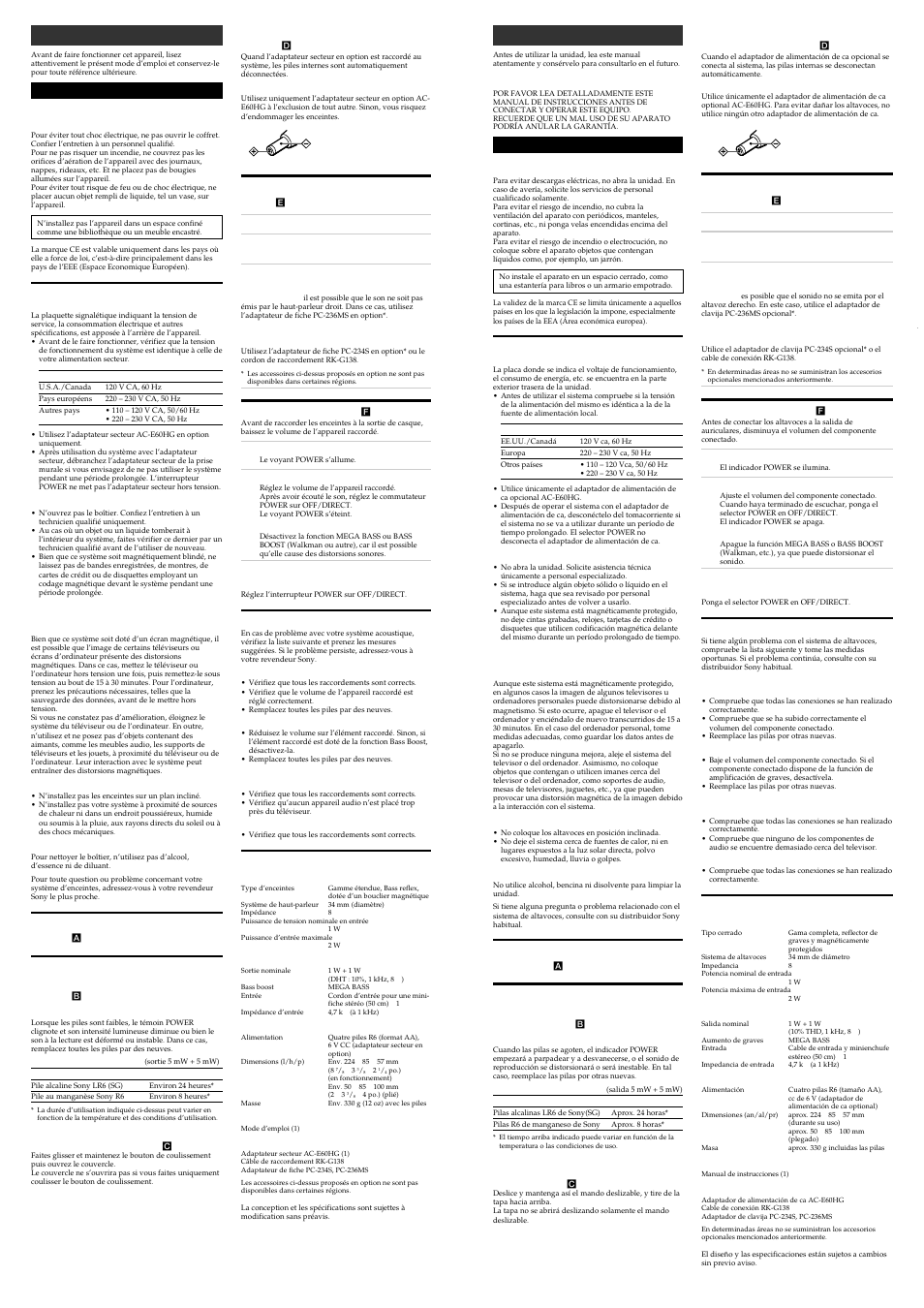 Précautions, Identifications des composants, Sources d’alimentation | Precauciones, Identificación de partes, Alimentación, Raccordement des enceintes, Écoute du son, Dépannage, Spécifications | Sony SRS-T57 User Manual | Page 2 / 2