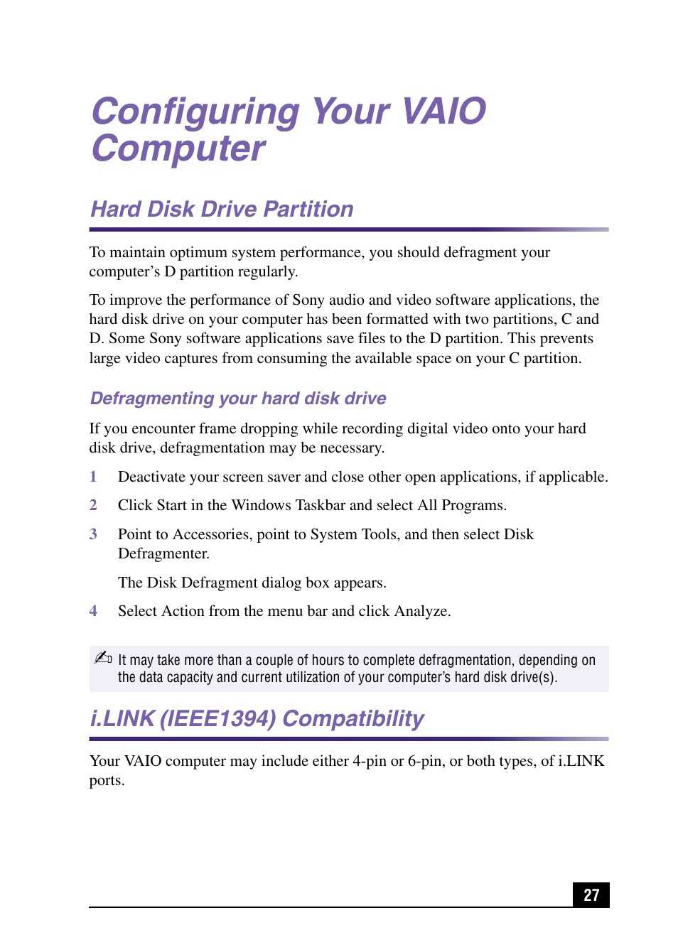 Configuring your vaio computer, Hard disk drive partition, I.link | Ieee1394) compatibility | Sony PCV-MXS10 User Manual | Page 27 / 56