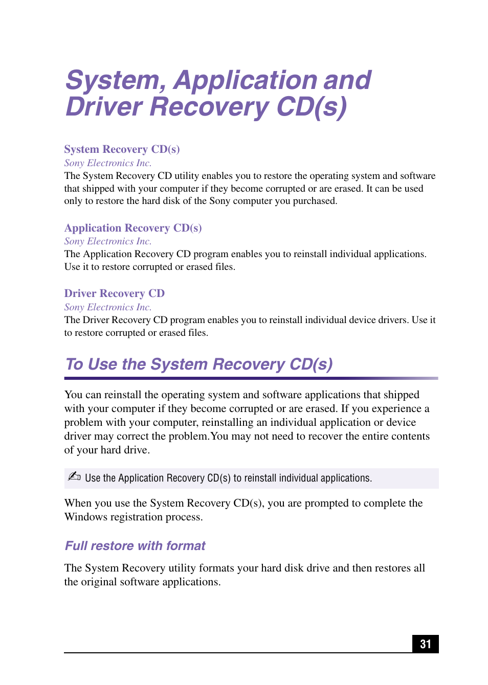 System, application and driver recovery cd(s) | Sony PCV-MXS10 User Manual | Page 31 / 56
