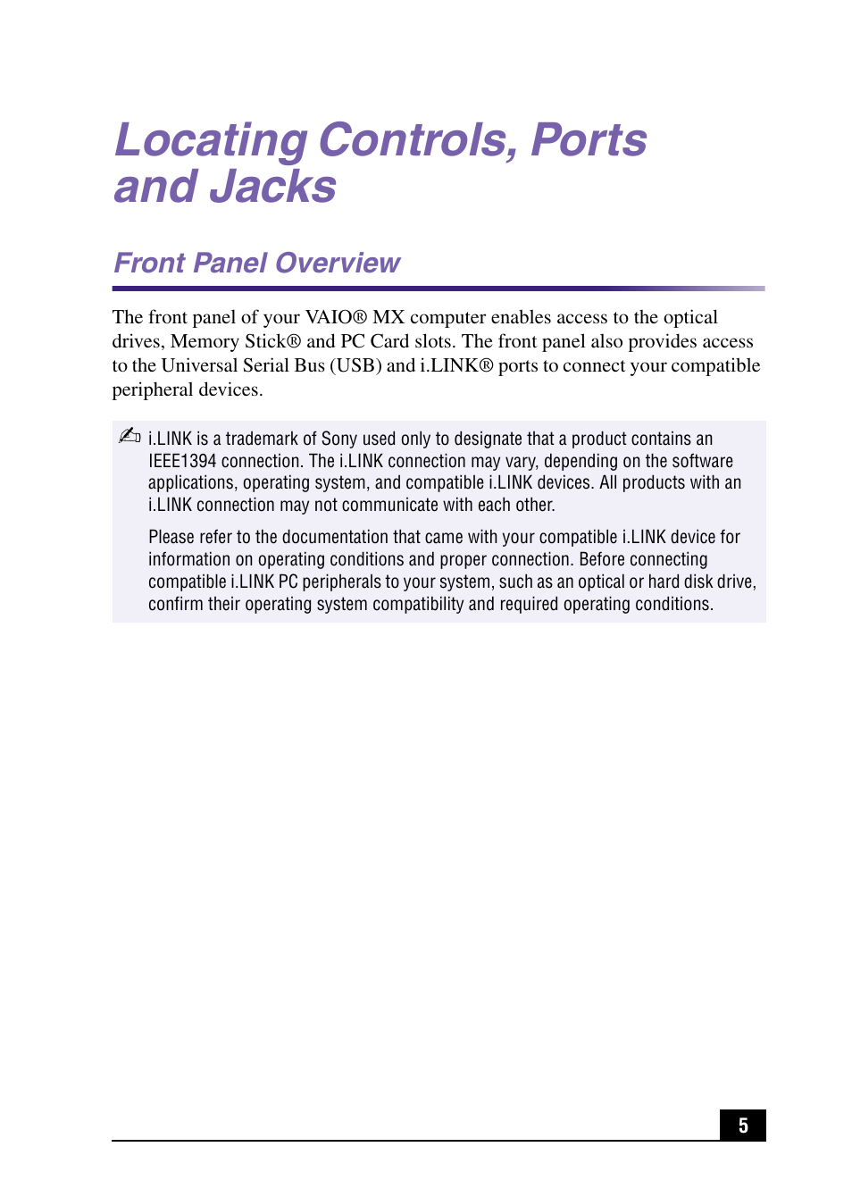 Locating controls, ports and jacks | Sony PCV-MXS10 User Manual | Page 5 / 56