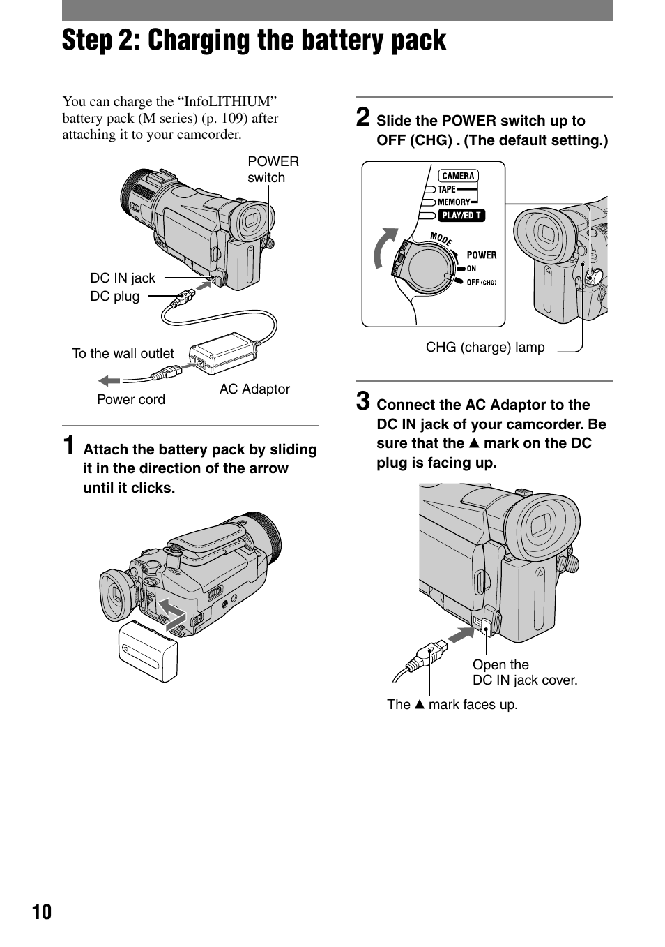 Step 2: charging the battery pack | Sony HVR-A1N User Manual | Page 10 / 128