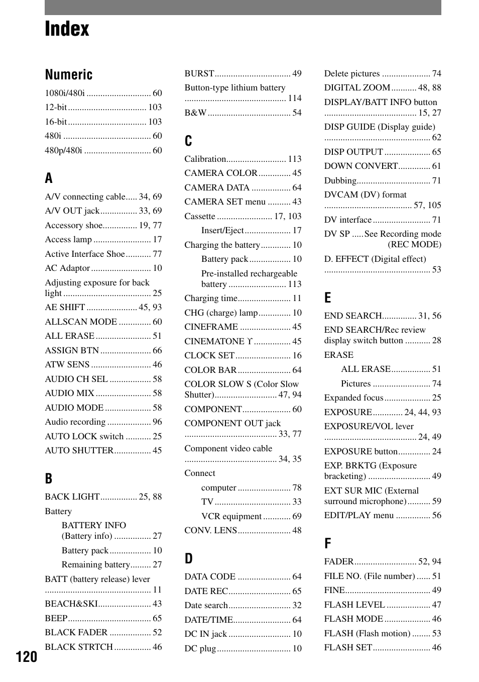 Index, Numeric | Sony HVR-A1N User Manual | Page 120 / 128