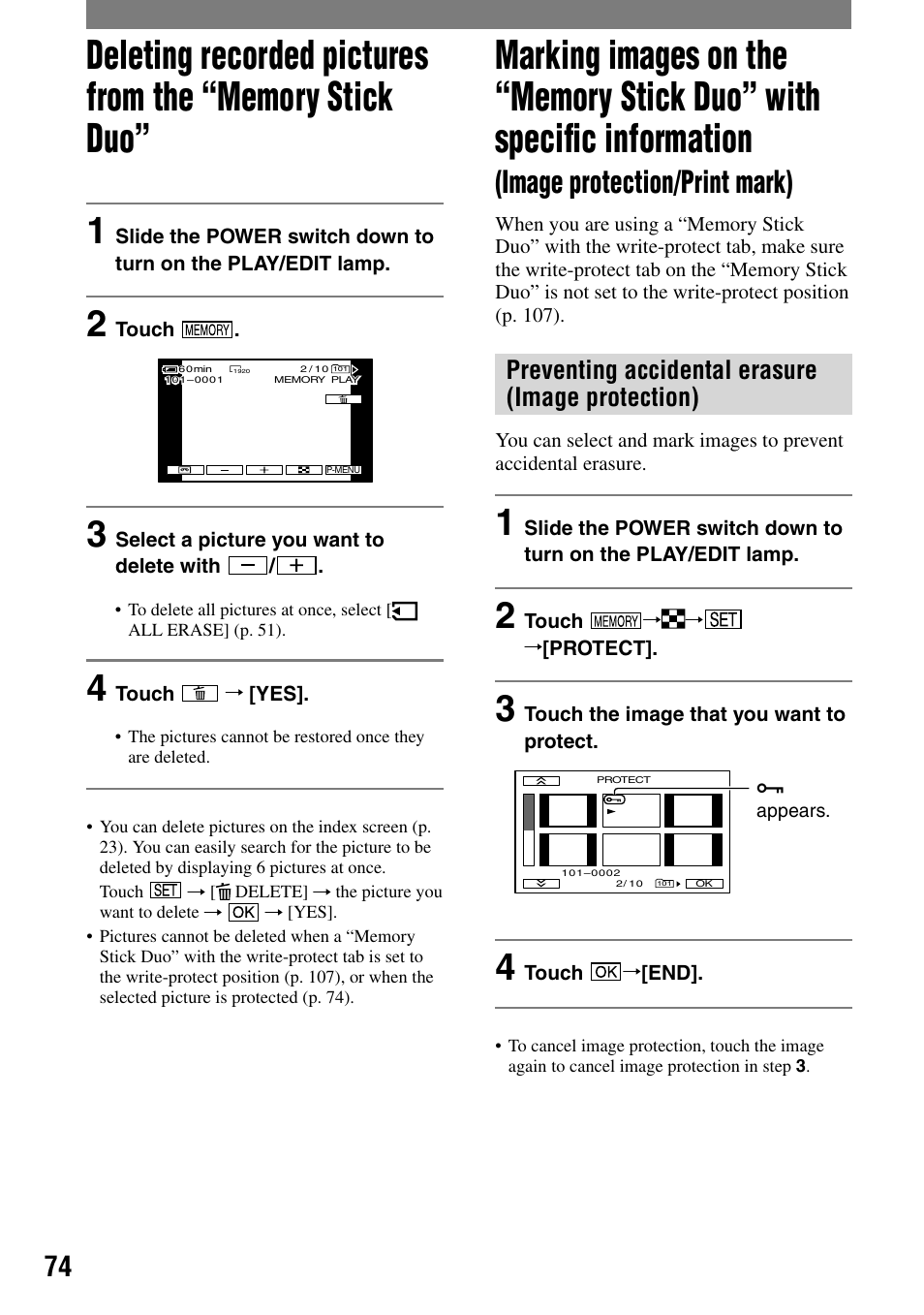 Image protection/print mark), Preventing accidental erasure (image protection) | Sony HVR-A1N User Manual | Page 74 / 128