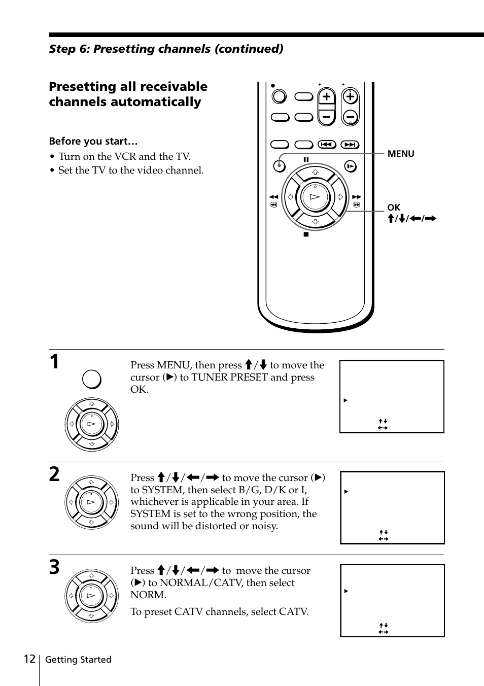 Presetting all receivable channels automatically, Step 6: presetting channels (continued), Getting started ok m / m / < / , menu | Sony SLV-ED88ME User Manual | Page 12 / 60