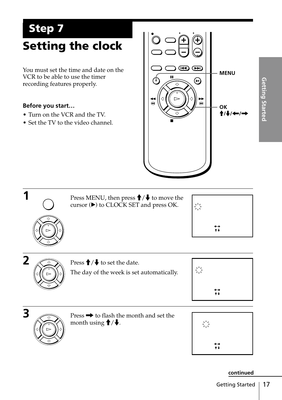 Step 7: setting the clock, 17 step 7: setting the clock, Setting the clock | Step 7, Getting started | Sony SLV-ED88ME User Manual | Page 17 / 60
