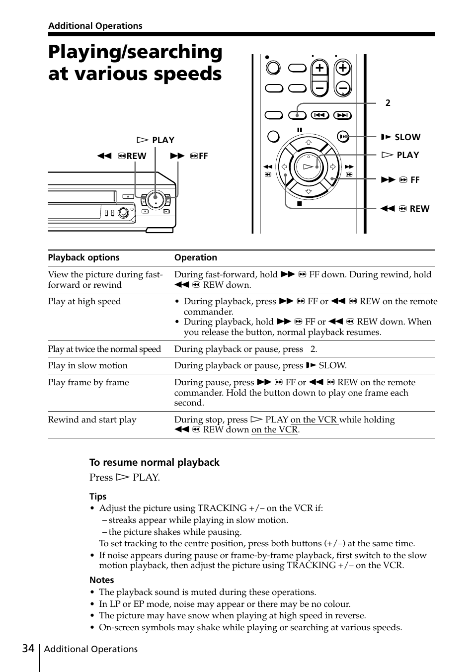 Additional operations, Playing/searching at various speeds, 34 playing/searching at various | Speeds | Sony SLV-ED88ME User Manual | Page 34 / 60