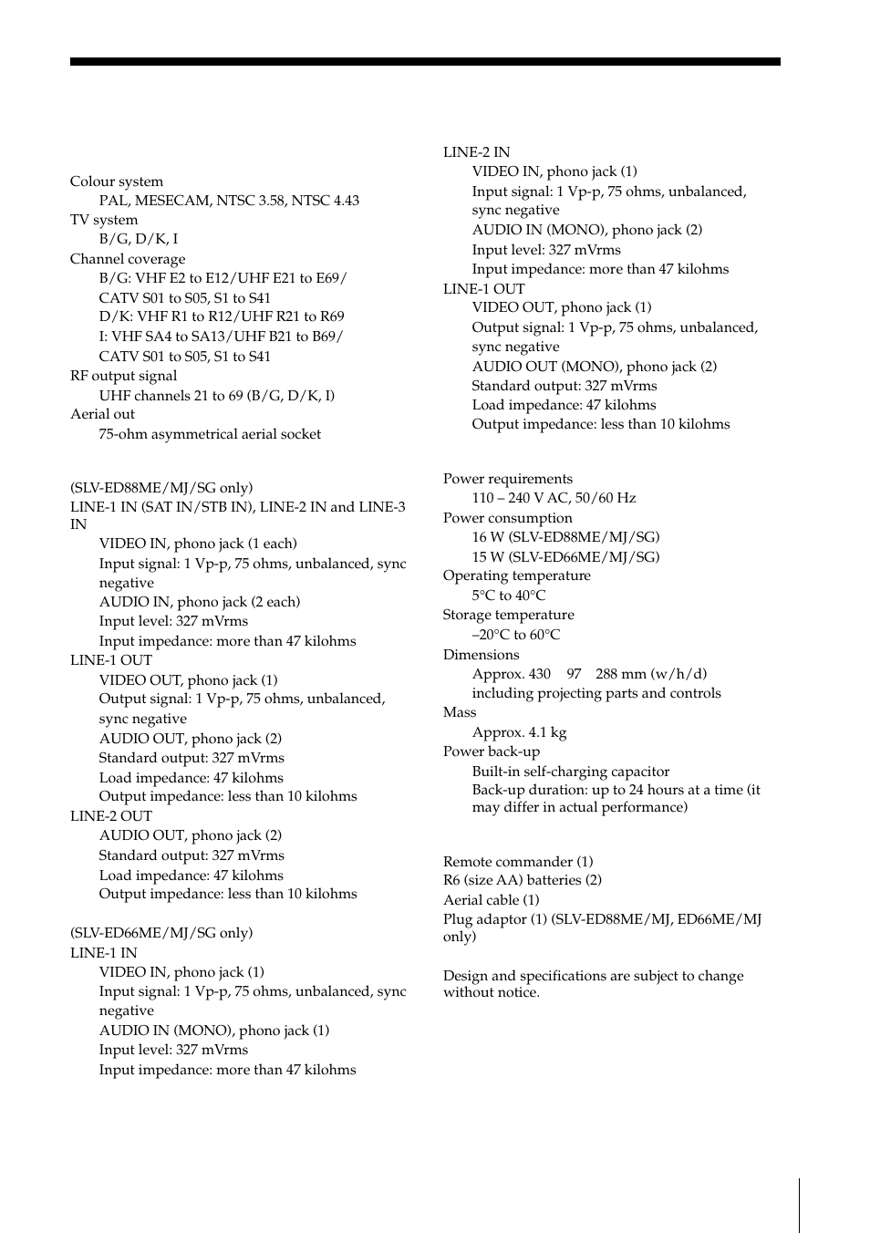 Specifications, 55 specifications, System | Inputs and outputs, General, Supplied accessories | Sony SLV-ED88ME User Manual | Page 55 / 60