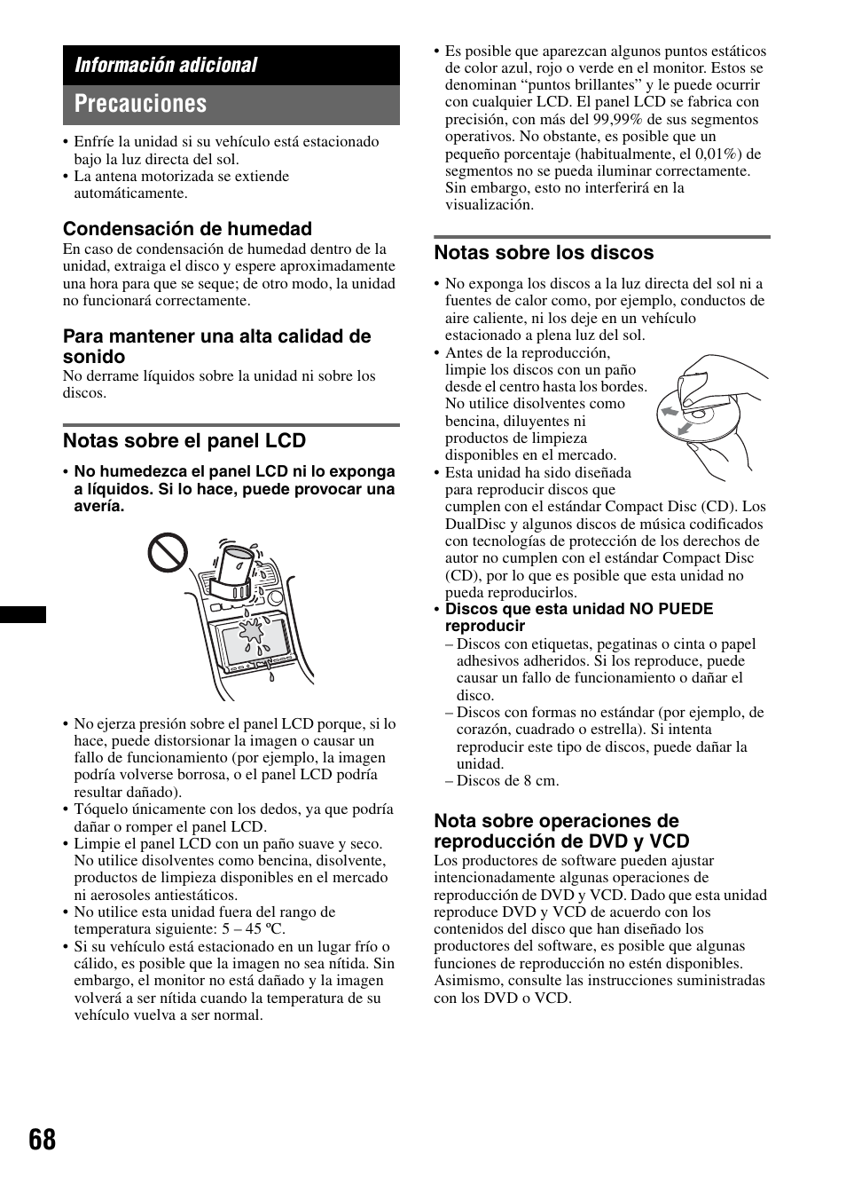 Información adicional, Precauciones, Notas sobre el panel lcd | Notas sobre los discos, Notas sobre el panel lcd notas sobre los discos | Sony XNV-L66BT User Manual | Page 144 / 248