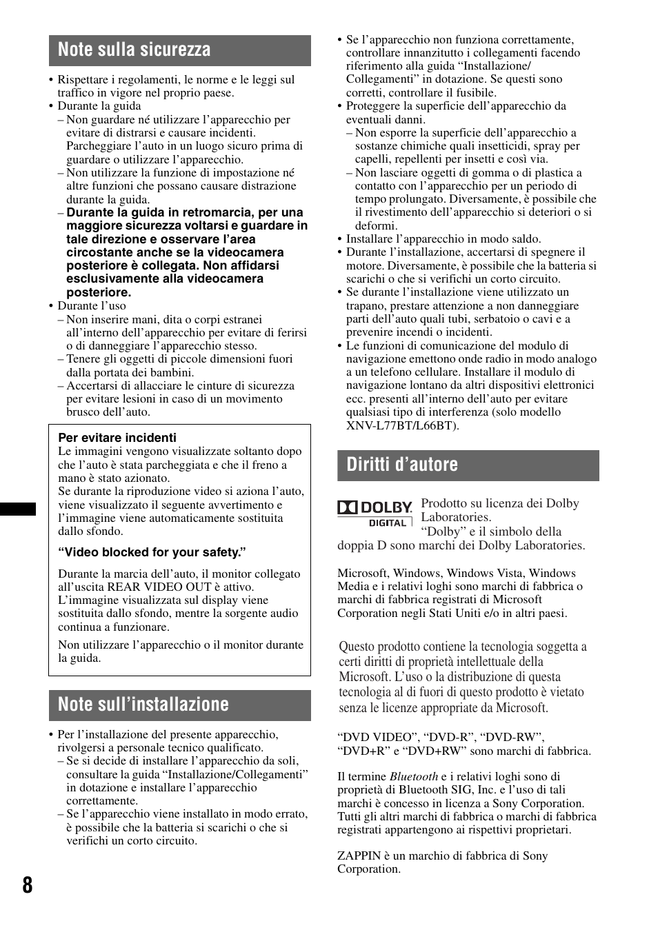 Note sulla sicurezza, Note sull’installazione, Diritti d’autore | Sony XNV-L66BT User Manual | Page 166 / 248