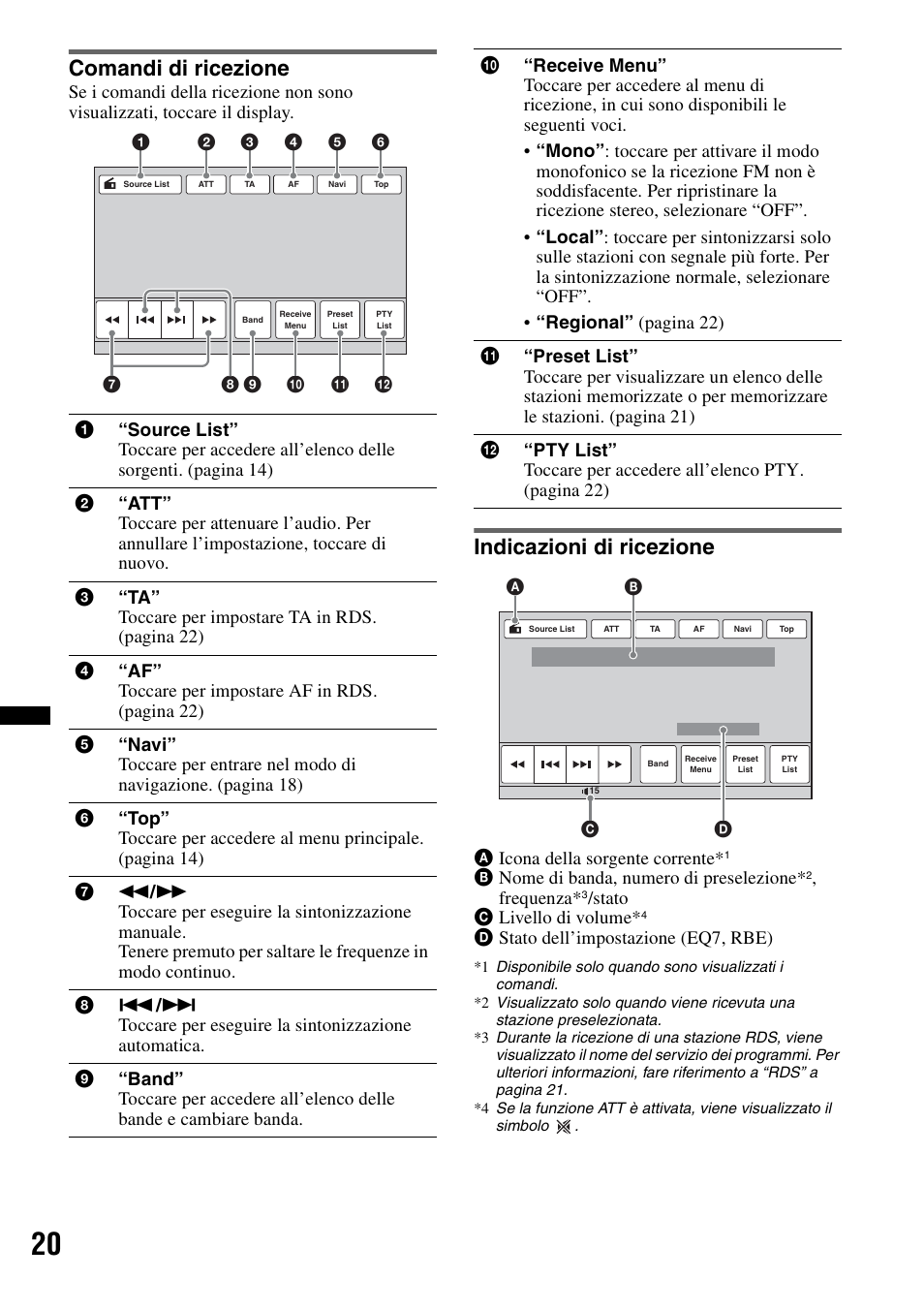 Comandi di ricezione, Indicazioni di ricezione, Comandi di ricezione indicazioni di ricezione | Aicona della sorgente corrente, Bnome di banda, numero di preselezione, Frequenza, Stato c livello di volume, Dstato dell’impostazione (eq7, rbe) | Sony XNV-L66BT User Manual | Page 178 / 248