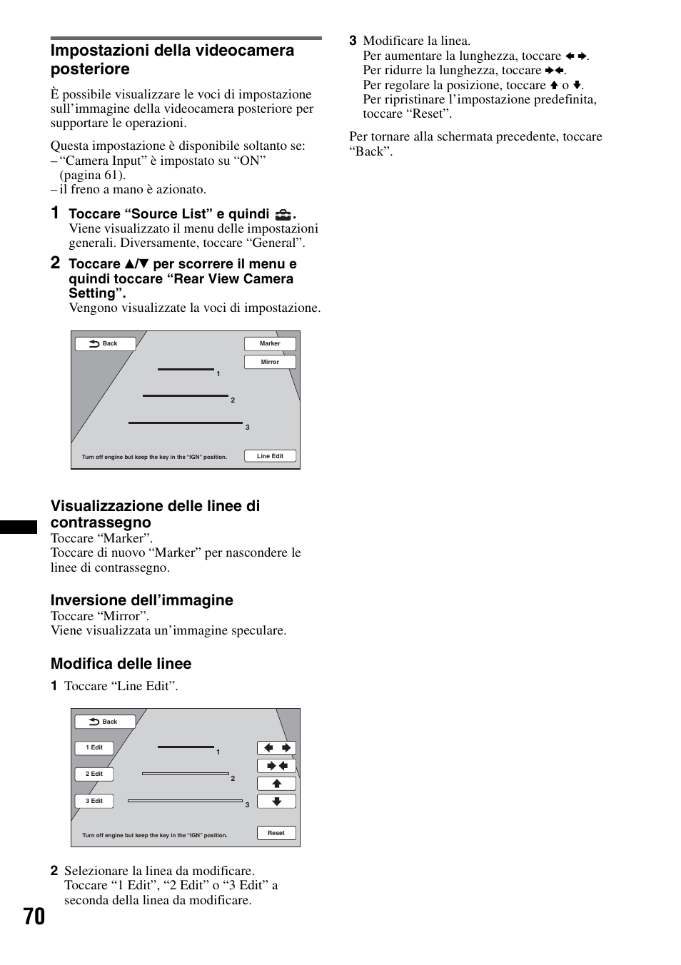 Impostazioni della videocamera posteriore, Visualizzazione delle linee di contrassegno, Inversione dell’immagine | Modifica delle linee | Sony XNV-L66BT User Manual | Page 228 / 248