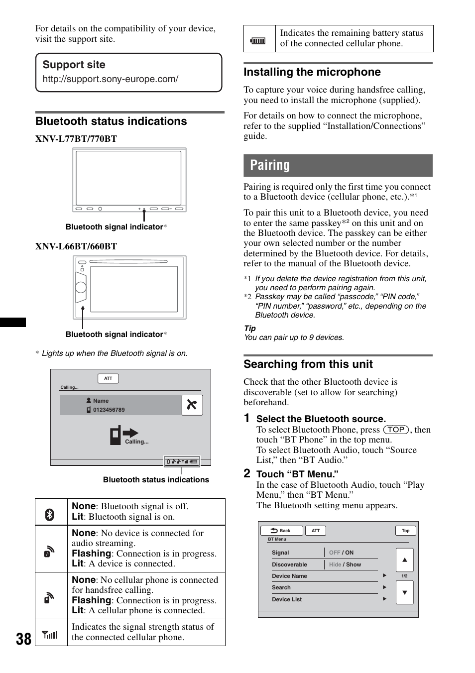 Bluetooth status indications, Installing the microphone, Pairing | Searching from this unit, Support site | Sony XNV-L66BT User Manual | Page 38 / 248