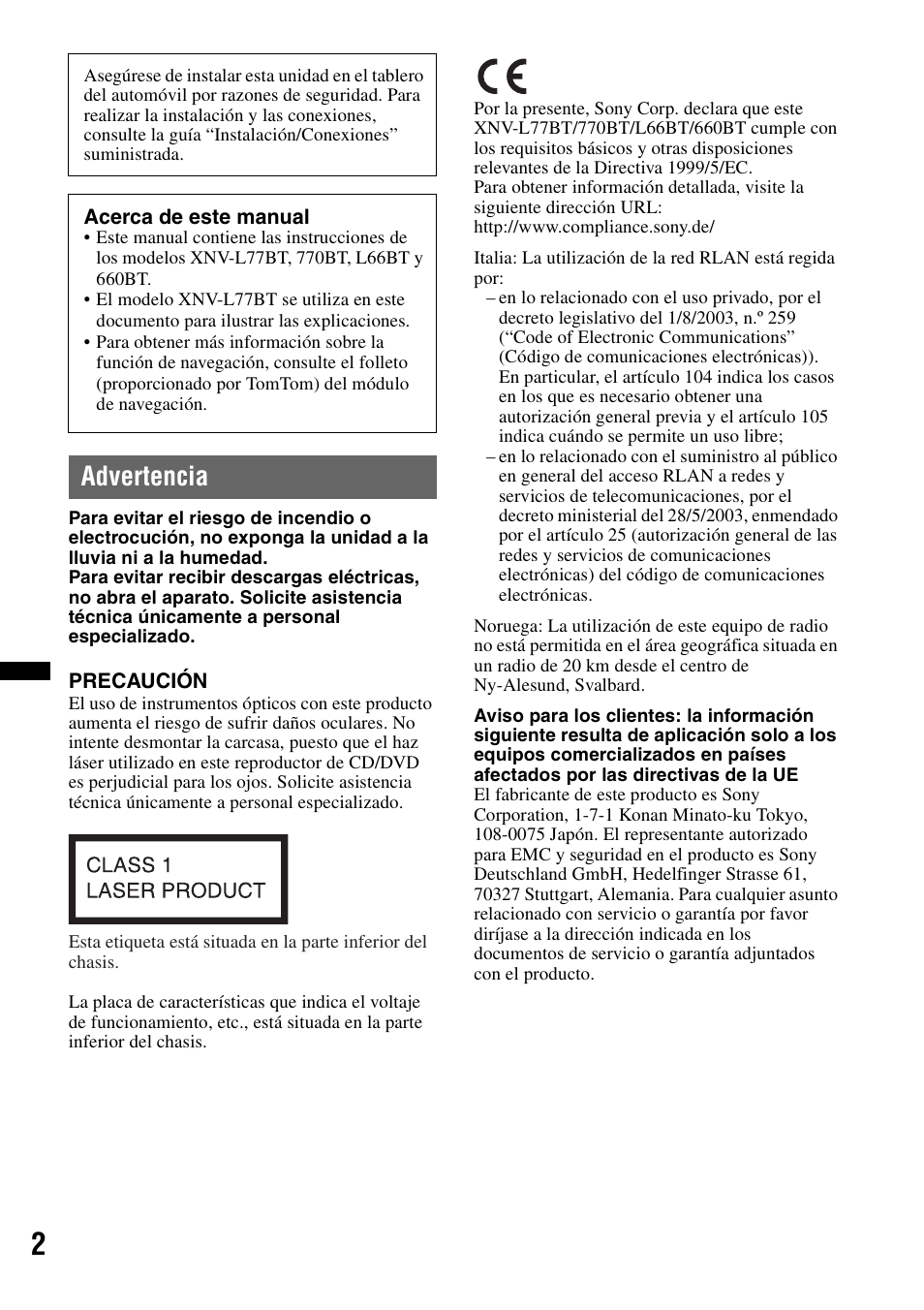 Advertencia | Sony XNV-L66BT User Manual | Page 78 / 248