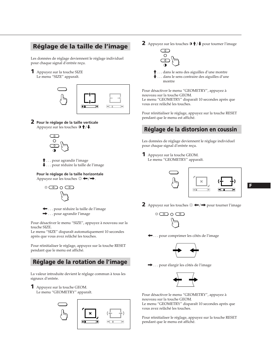 Réglage de la taille de l’image, Réglage de la rotation de l’image, Réglage de la distorsion en coussin | Sony CPD-300SFT User Manual | Page 17 / 33
