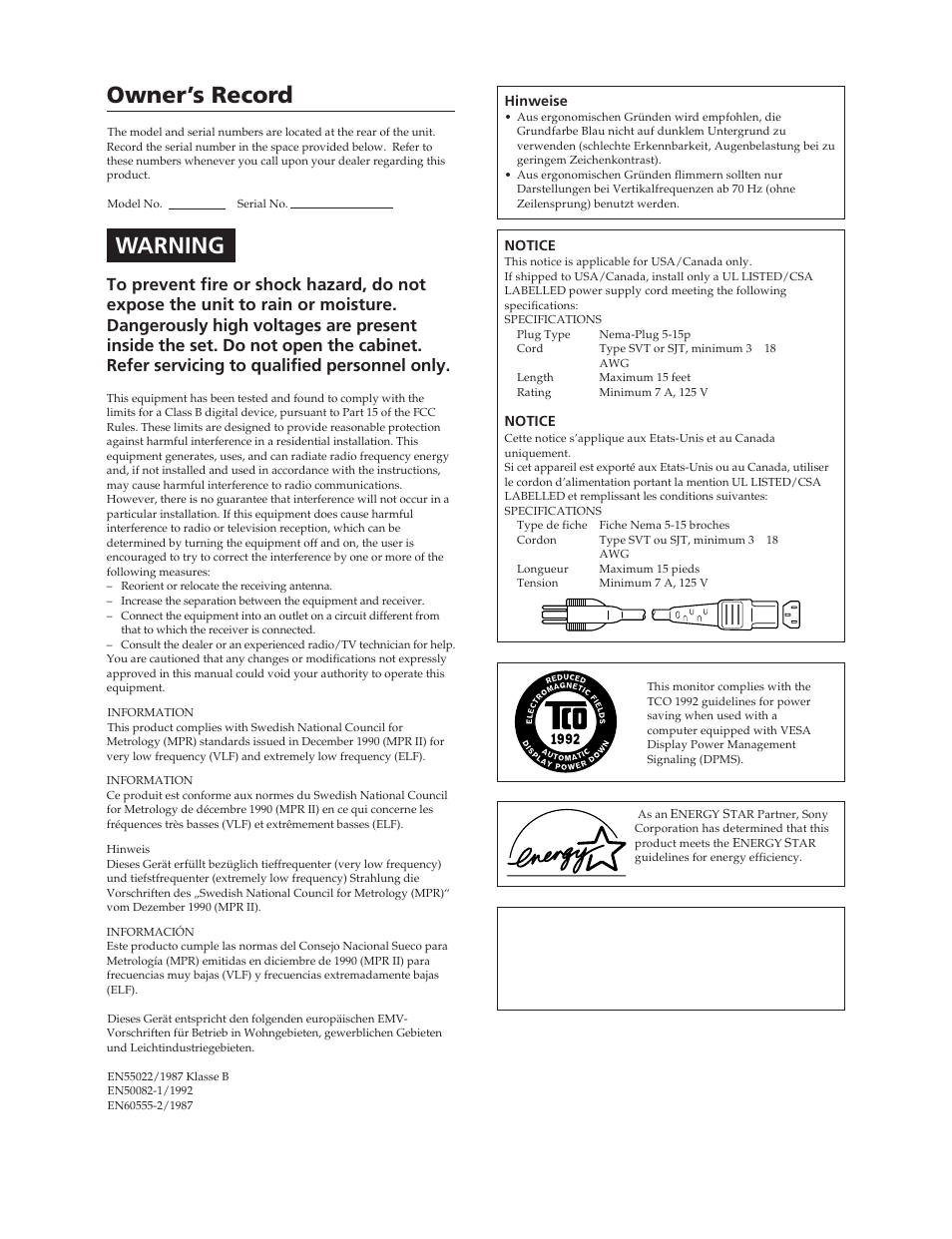Owner’s record, Warning | Sony CPD-300SFT User Manual | Page 2 / 33