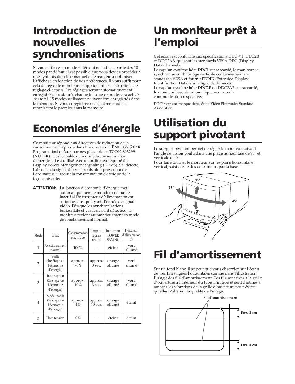 Un moniteur prêt à l’emploi, Utilisation du support pivotant, Fil d’amortissement | Economies d’énergie, Introduction de nouvelles synchronisations | Sony CPD-300SFT User Manual | Page 20 / 33