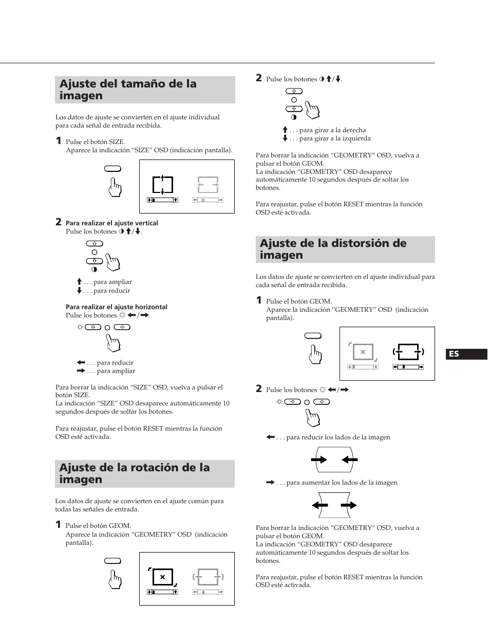 Ajuste del tamaño de la imagen, Ajuste de la rotación de la imagen, Ajuste de la distorsión de imagen | Sony CPD-300SFT User Manual | Page 27 / 33