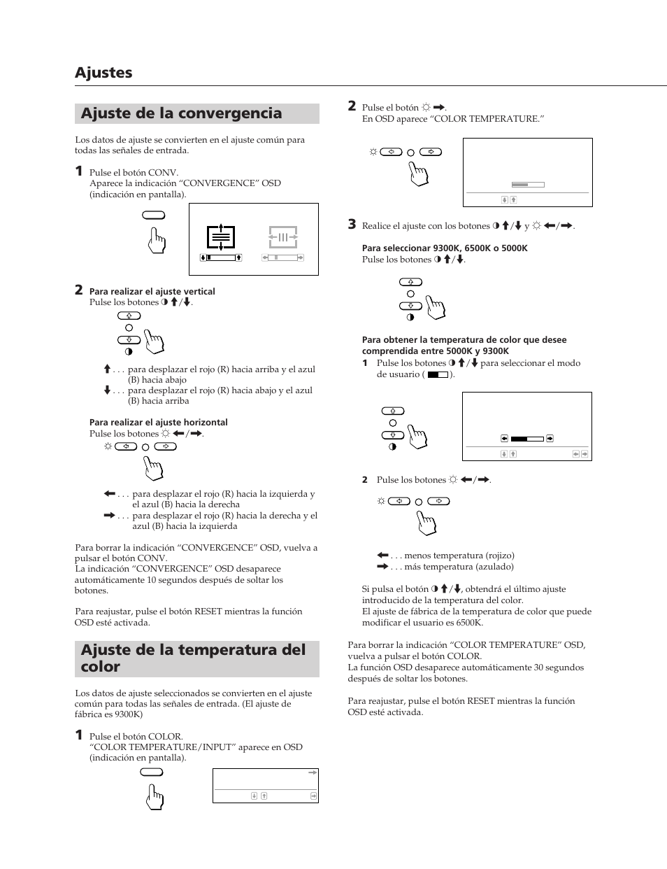 Ajuste de la convergencia, Ajuste de la temperatura del color, Ajustes | Sony CPD-300SFT User Manual | Page 28 / 33