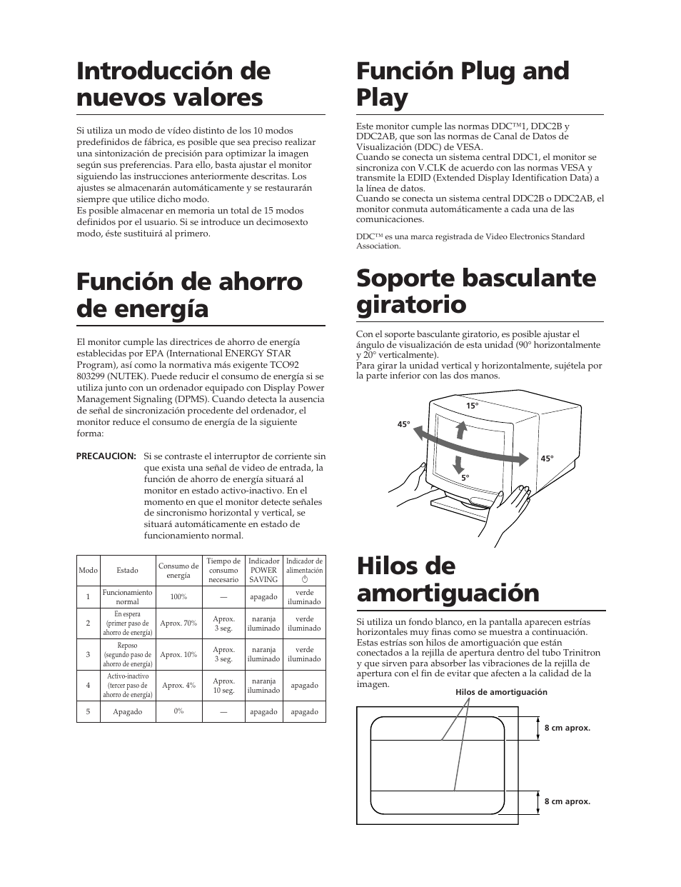 Función plug and play, Soporte basculante giratorio, Hilos de amortiguación | Introducción de nuevos valores, Función de ahorro de energía | Sony CPD-300SFT User Manual | Page 30 / 33
