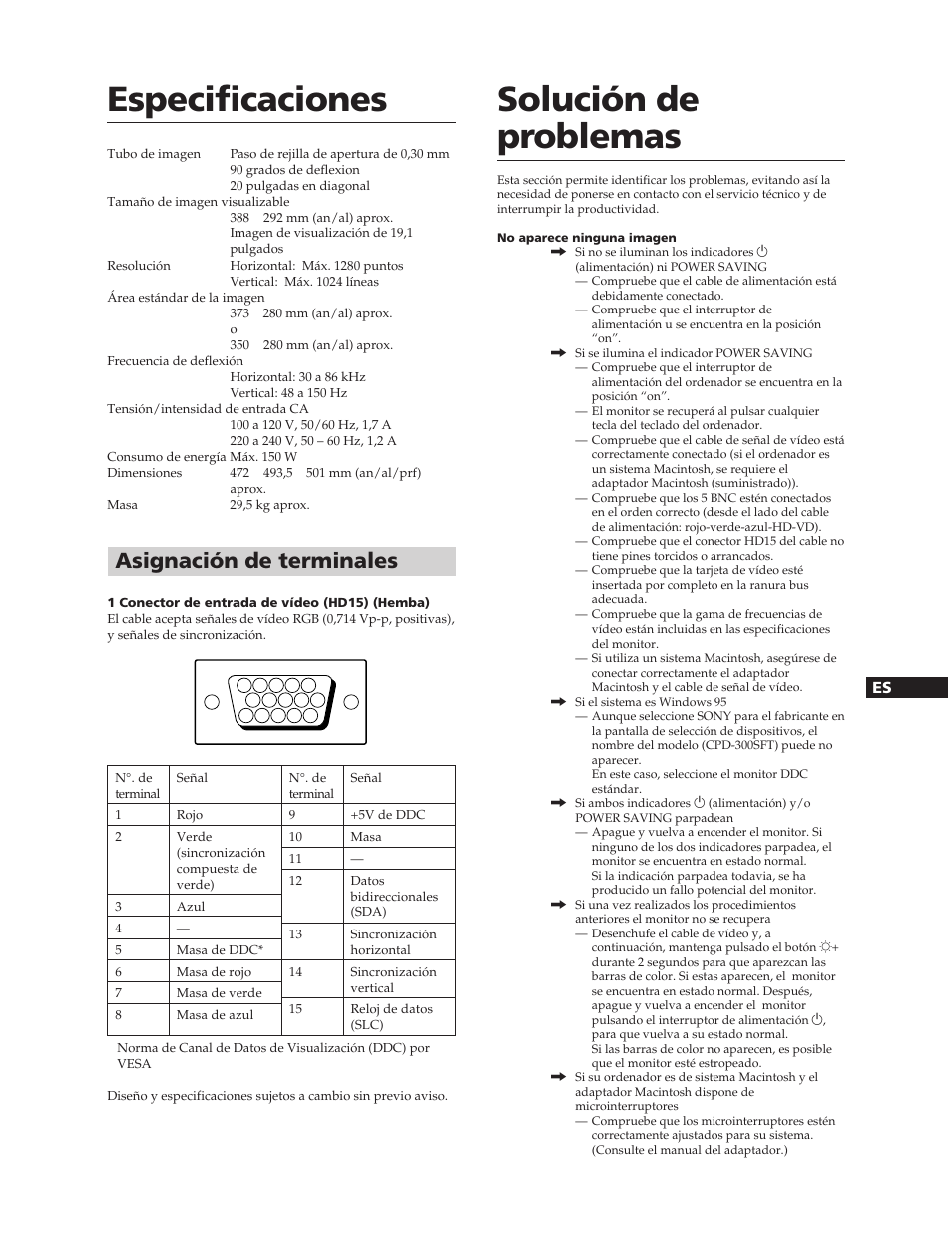Especificaciones, Solución de problemas, Asignación de terminales | Sony CPD-300SFT User Manual | Page 31 / 33