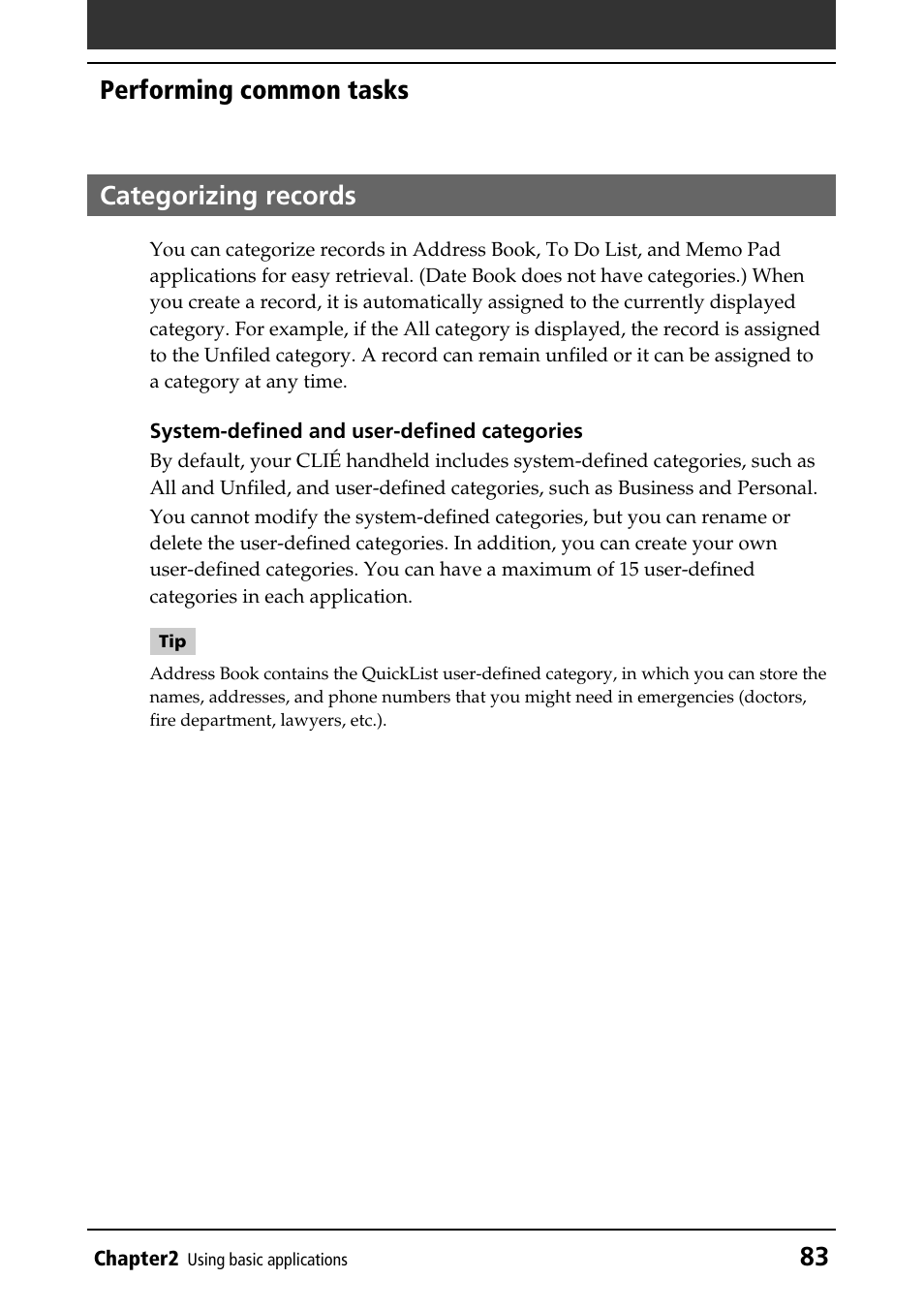 Categorizing records, 83 performing common tasks categorizing records | Sony PEG-T415G User Manual | Page 83 / 220