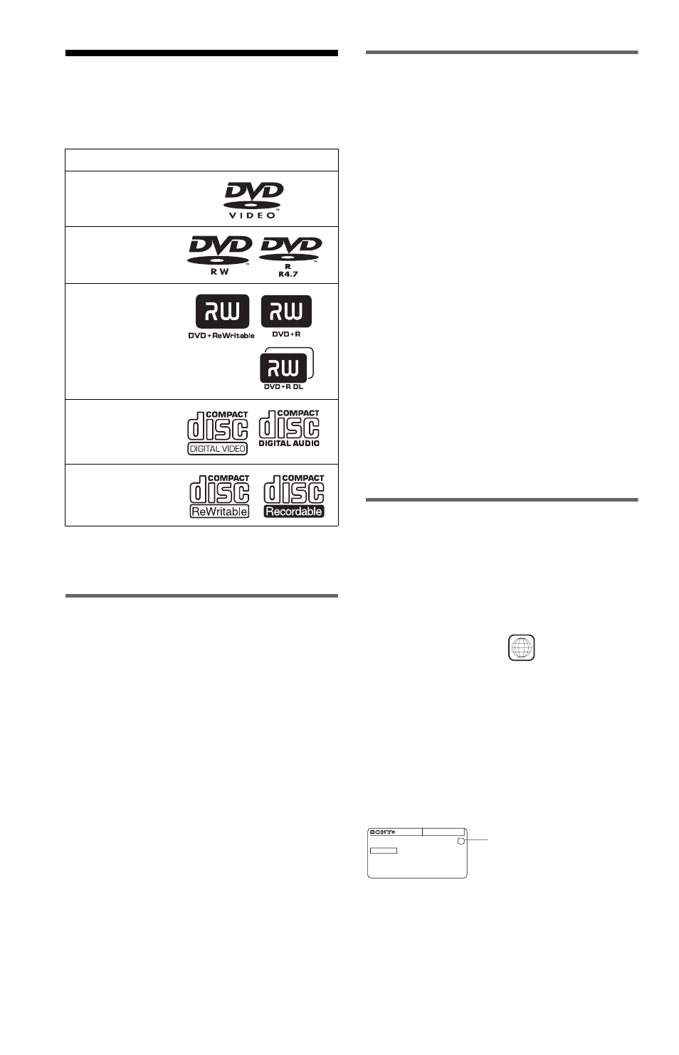 L1 - this player can play the following discs, This player can play the following discs, Example of discs that the player cannot play | Region code | Sony DVP-K82P User Manual | Page 6 / 82