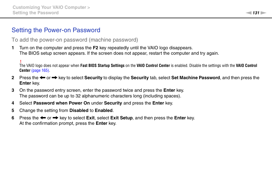 Setting the power-on password | Sony VAIO VPCZ2 User Manual | Page 131 / 212