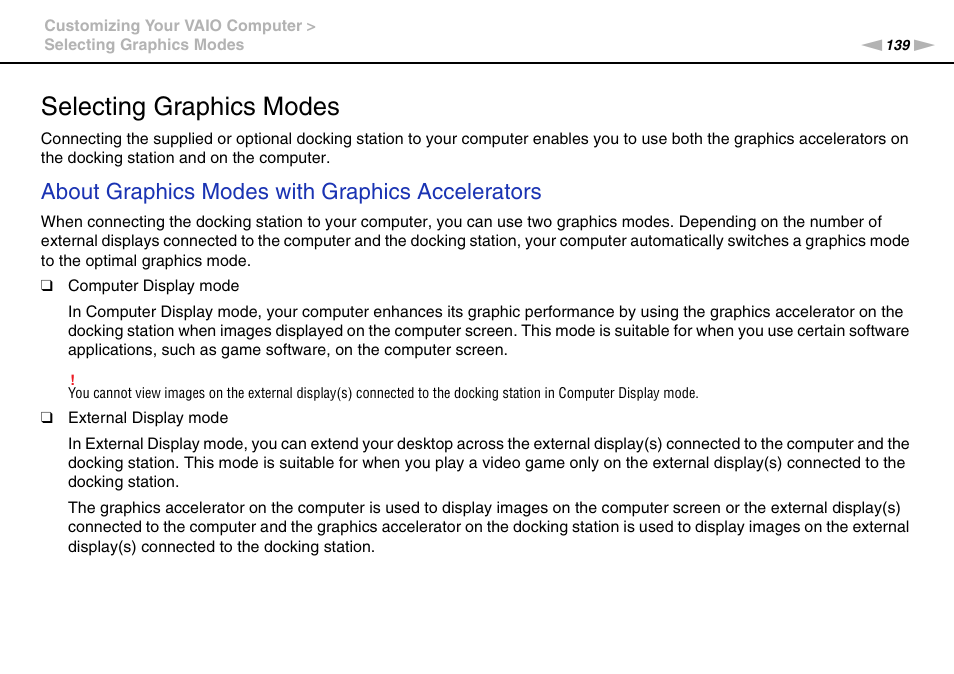 Selecting graphics modes, About graphics modes with graphics accelerators | Sony VAIO VPCZ2 User Manual | Page 139 / 212