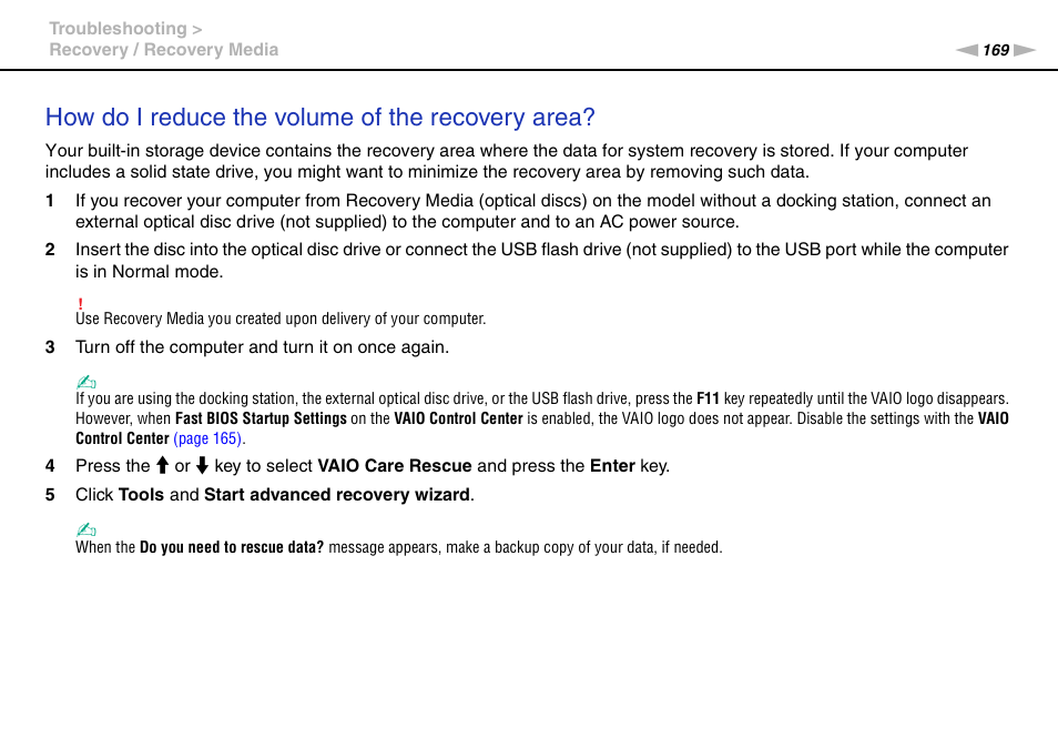How do i reduce the volume of the recovery area | Sony VAIO VPCZ2 User Manual | Page 169 / 212