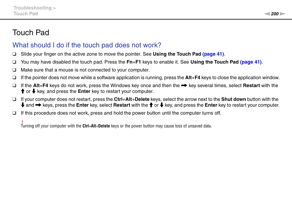 Touch pad, What should i do if the touch pad does not work | Sony VAIO VPCZ2 User Manual | Page 200 / 212