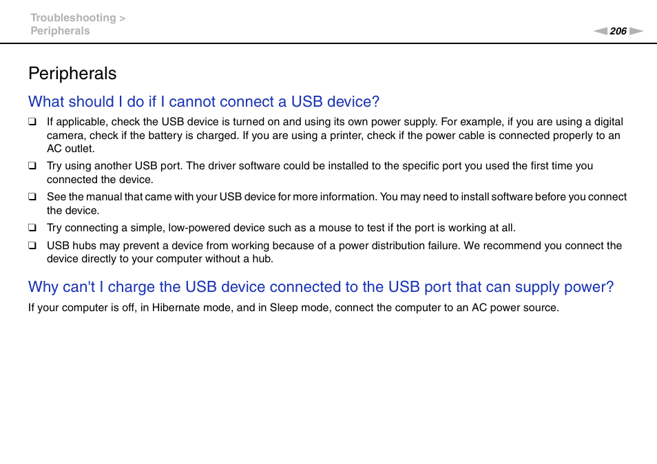 Peripherals, What should i do if i cannot connect a usb device | Sony VAIO VPCZ2 User Manual | Page 206 / 212
