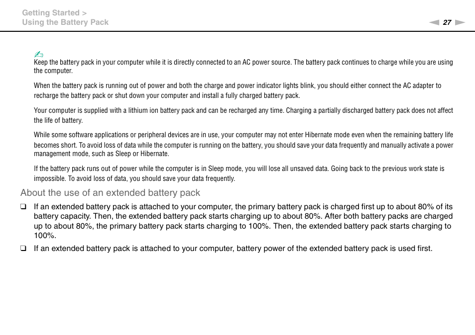 About the use of an extended battery pack | Sony VAIO VPCZ2 User Manual | Page 27 / 212