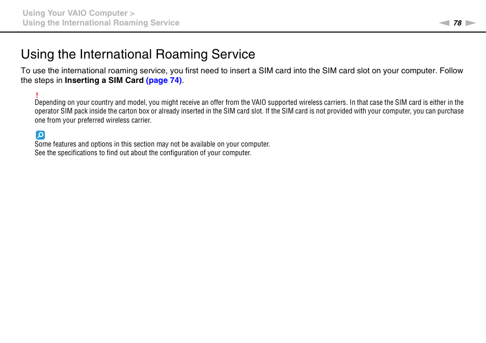Using the international roaming service | Sony VAIO VPCZ2 User Manual | Page 78 / 212